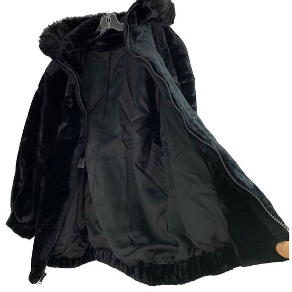 Jacobson's Vintage Faux Fur Zip Jacket Size 14 EUC Hood Black Plush Winter 6404 - Picture 7 of 10